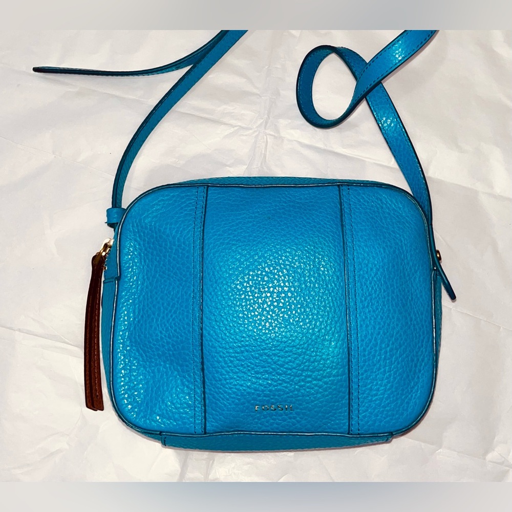 Fossil Blue Vibrant Leather Crossbody, Brass Tone fixtures & Brown Lining